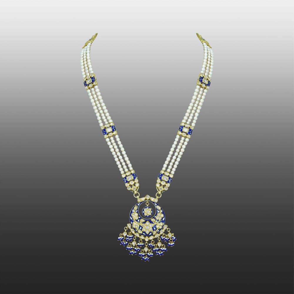 Three-Strand Pearl Necklace with Blue Enamel and Sapphire Accents